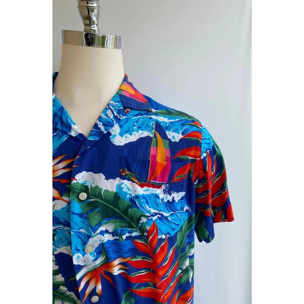 Polo Ralph Lauren Hawaiian Shirt M Tropical Beach Camp Viscose Sailboat Waves